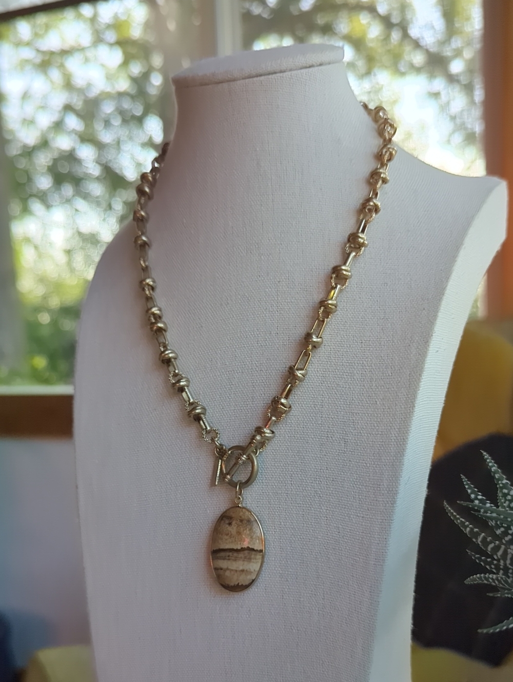 "Canvas" Brand Genuine Jasper Stone Gold Tone Necklace, 16"